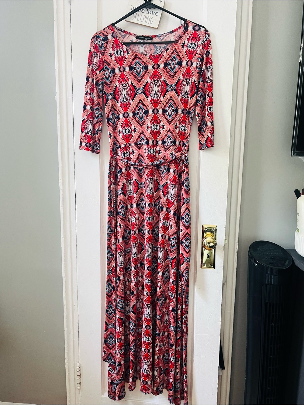 Red Geometric-Print Maxi Dress with Tie Waist